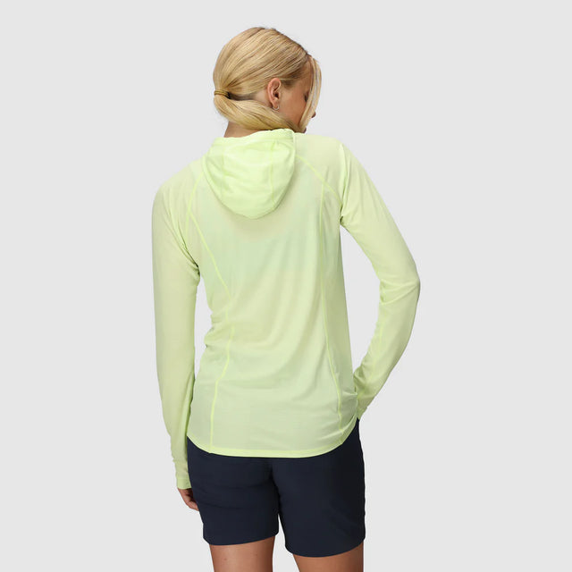 Outdoor Research Women's Echo Hoodie sun hoodie in Cool Matcha on a neutral background.