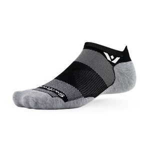 Swiftwick Maxus No Show cushioned running socks in Black on a neutral background.