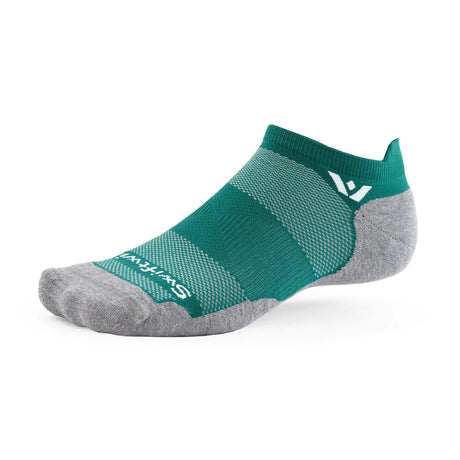 Swiftwick Maxus No Show cushioned running socks in Emerald on a neutral background.