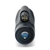 Nocs Provisions Zoom Tube 8x32 Monocular in Obsidian Black from the eyecup on a neutral background.