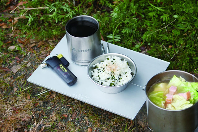 SOTO Outdoors Field Hopper table makes for a perfect mini camp table to keep cookware off the ground.