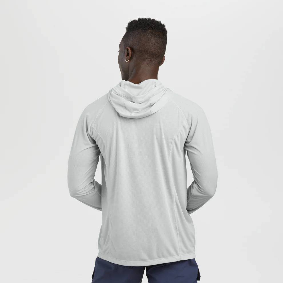 Outdoor Research men's Echo Hoodie sun hoodie in Pebble on a neutral background.