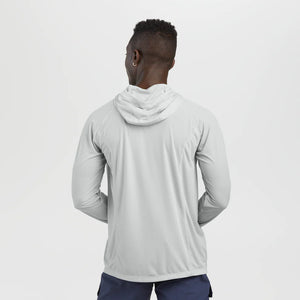 Outdoor Research men's Echo Hoodie sun hoodie in Pebble on a neutral background.