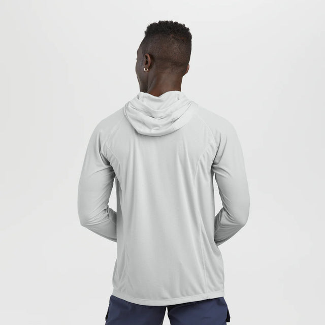 Outdoor Research men's Echo Hoodie sun hoodie in Pebble on a neutral background.