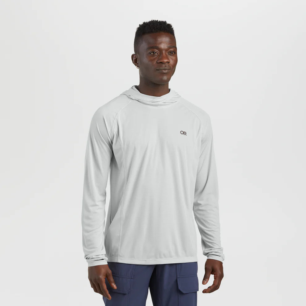 Outdoor Research men's Echo Hoodie sun hoodie in Pebble on a neutral background.