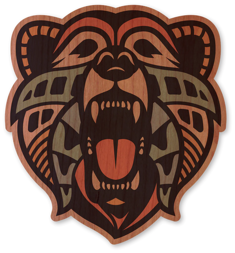 Dust City sustainable wood sticker printed on cherry wood and featuring a colorful tribal style bear face.