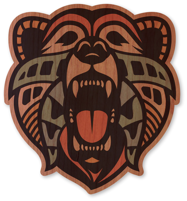 Dust City sustainable wood sticker printed on cherry wood and featuring a colorful tribal style bear face.