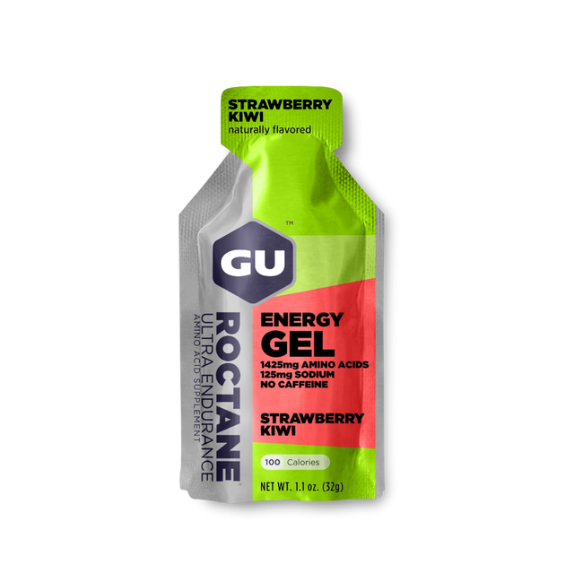 Gu Roctane Energy Gel in Strawberry Kiwi on a neutral background.