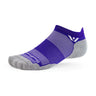 Swiftwick Maxus No Show cushioned running socks in Violet Charge on a neutral background.