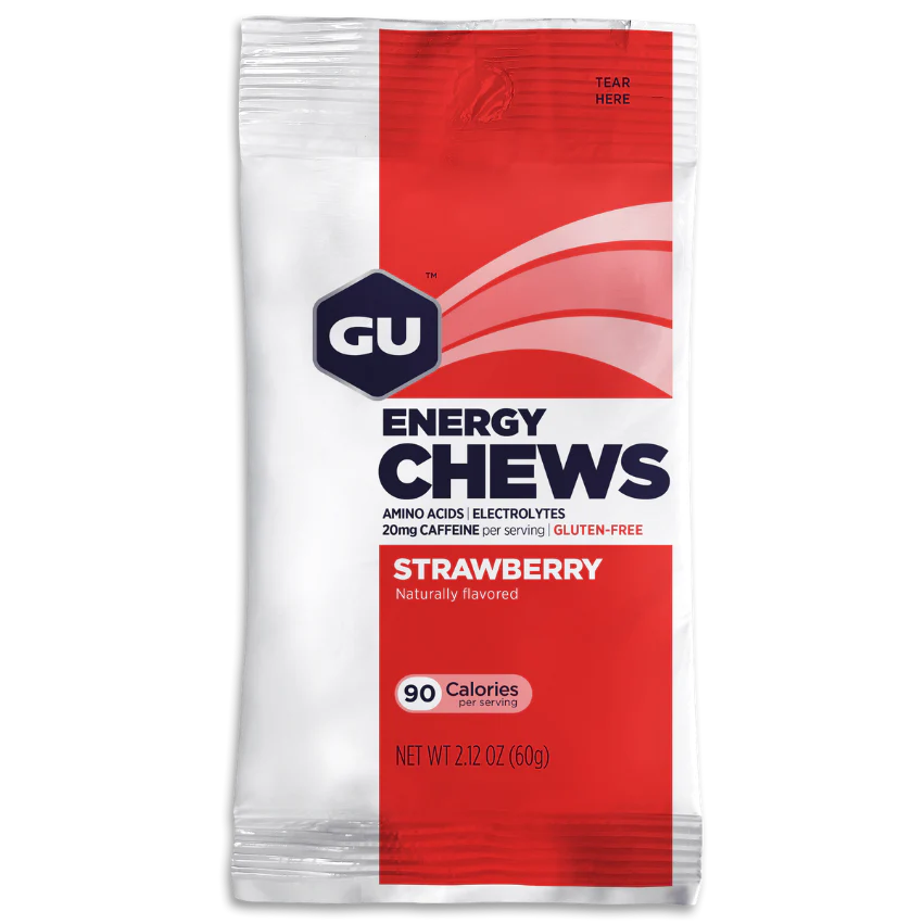 GU Energy Chews in Strawberry on a transparent background.