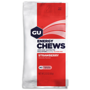 GU Energy Chews in Strawberry on a transparent background.