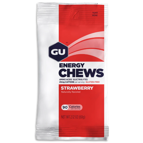 GU Energy Chews in Strawberry on a transparent background.