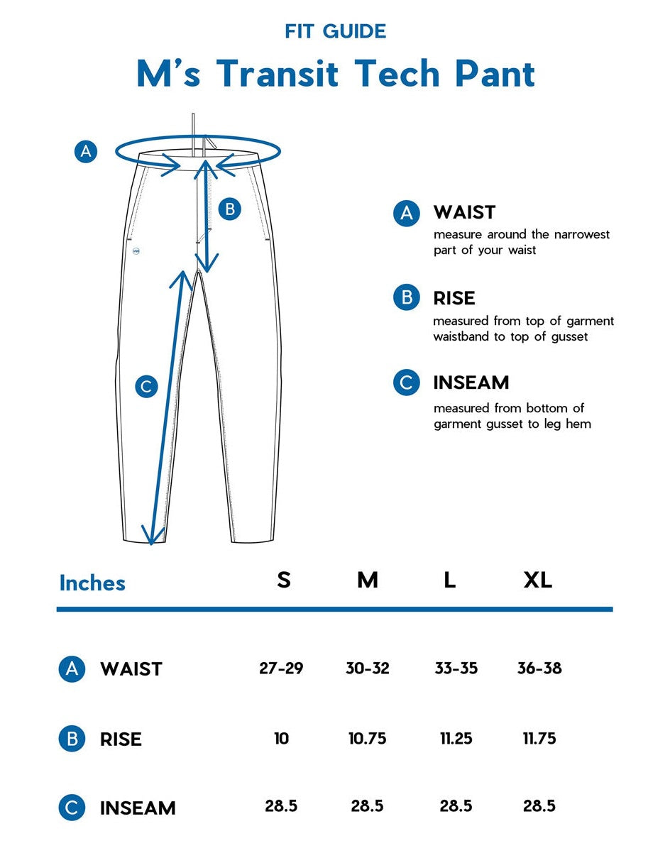 Janji Men's Transit Tech Pant size chart.