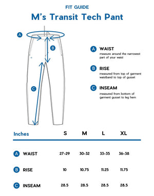 Janji Men's Transit Tech Pant size chart.