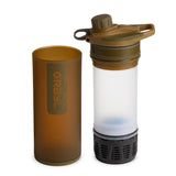 Grayl GeoPress Water Purifier Bottle on a neutral background in Coyote Brown disassembled.