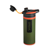 Grayl GeoPress Water Purifier Bottle in Oasis Green on a neutral background.