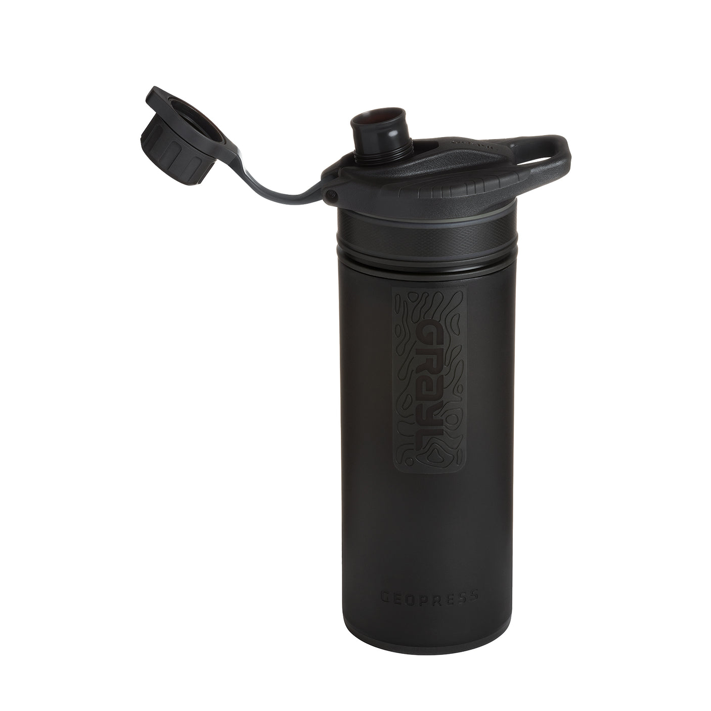 Grayl GeoPress Water Purifier Bottle on a neutral background with the lid unscrewed.