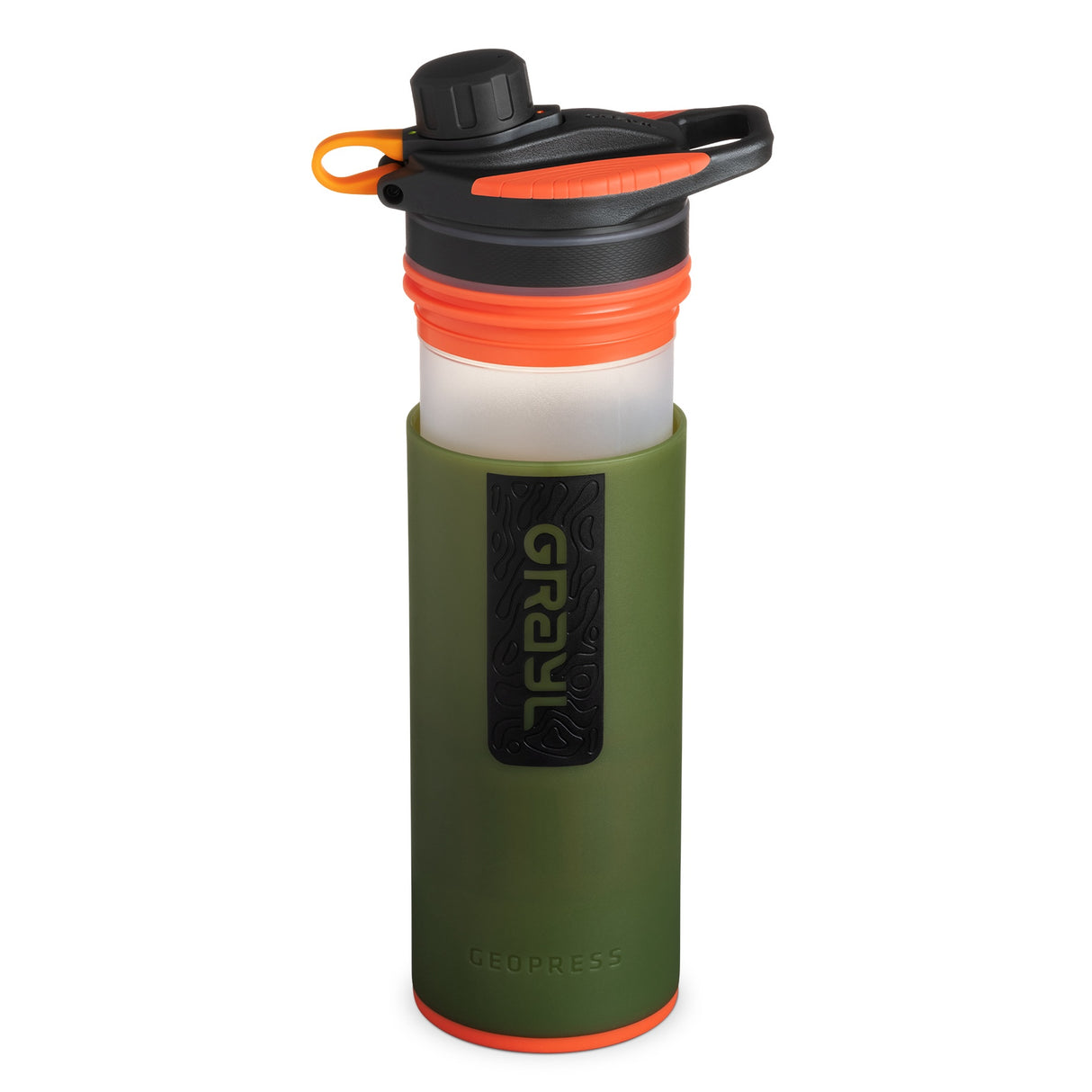 Grayl GeoPress Water Purifier Bottle in Oasis Green on a neutral background.