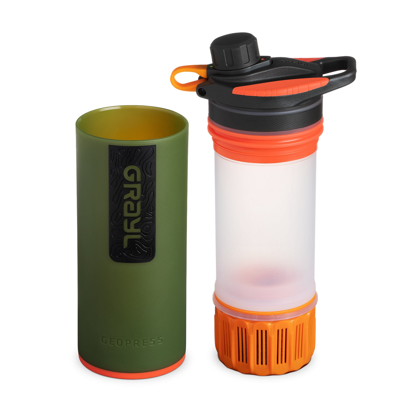 Grayl GeoPress Water Purifier Bottle in Oasis Green on a neutral background.