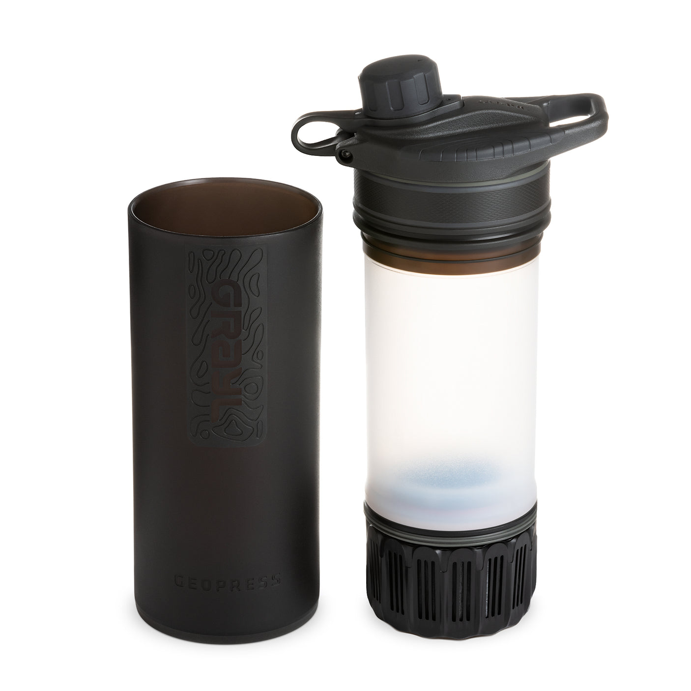 Grayl GeoPress Water Purifier Bottle on a neutral background showing the inner sleeve and outer shell.