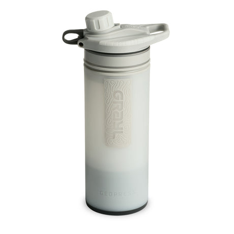 Grayl GeoPress Water Purifier Bottle on a neutral background in Peak White.