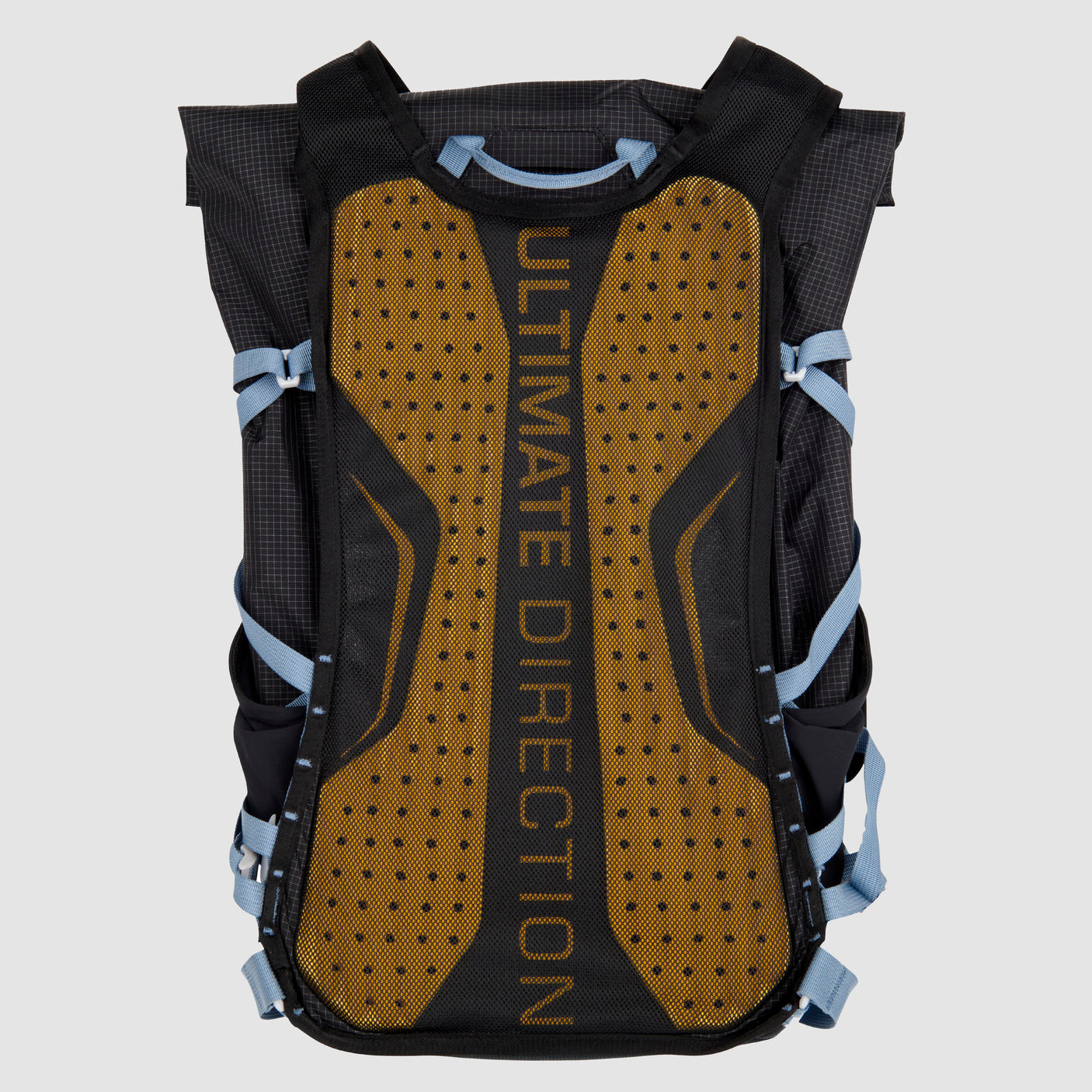 The Ultimate Direction Fastpack 20 on a neutral background showing the ventilated back padding.