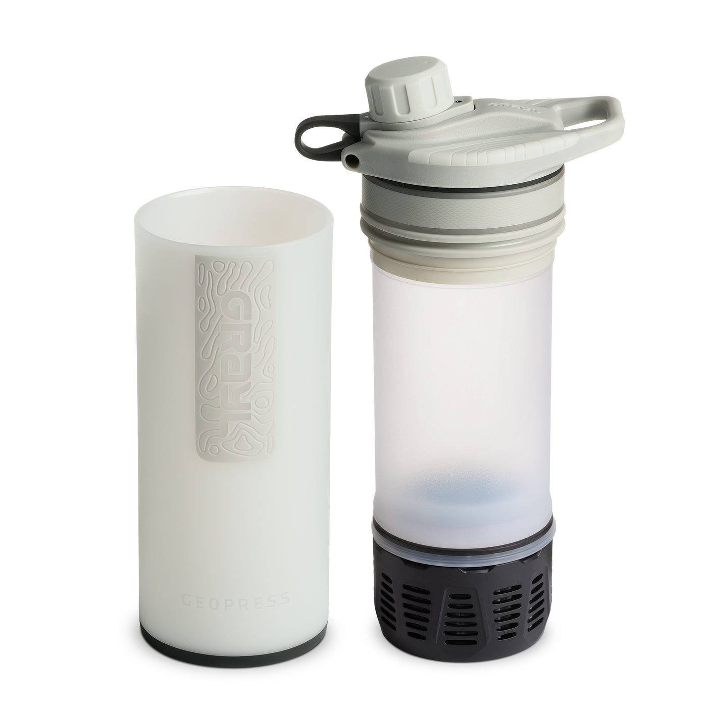 Grayl GeoPress Water Purifier Bottle on a neutral background in Peak White showing the disassembled look.