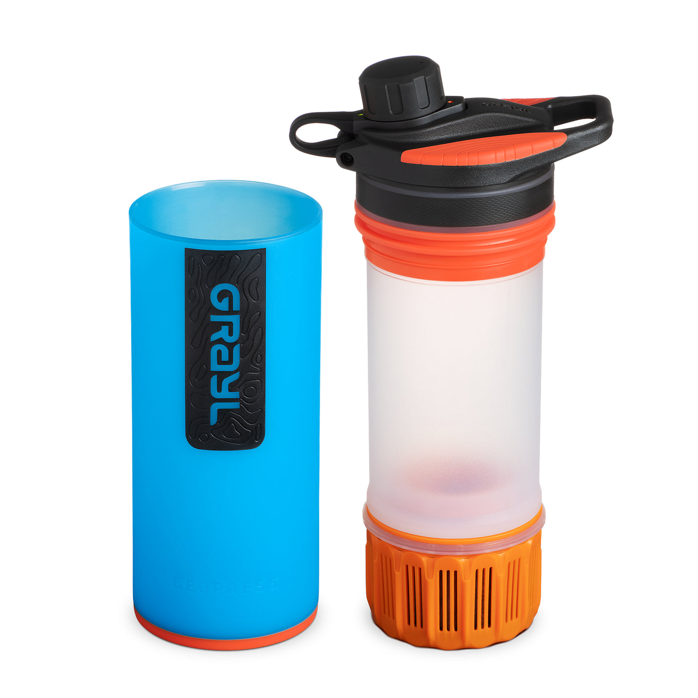 Grayl GeoPress Water Purifier Bottle on a neutral background separated to show the inner sleeve and outer shell.