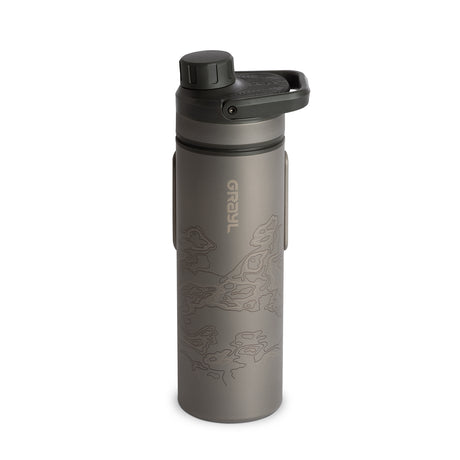 Grayl UltraPress Titanium Purifier Bottle on a neutral background.