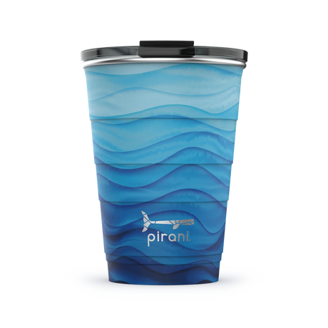 Pirani stackable insulated tumbler decorated with an abstract depiction of blue ocean waves.