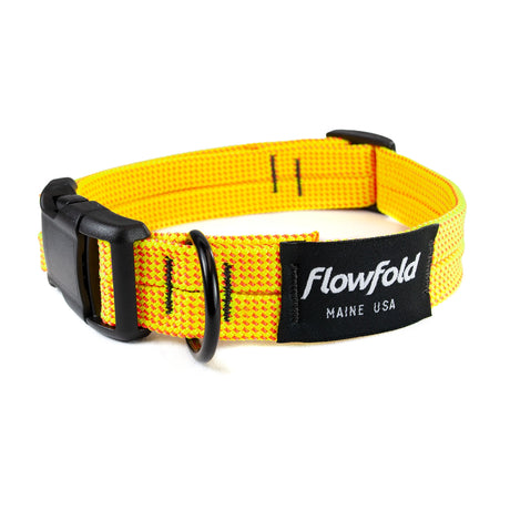Flowfold Recycled Climbing Rope Dog Collar in Yellow made in the USA on a neutral background.
