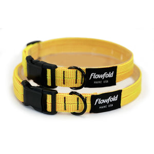 Flowfold Recycled Climbing Rope Dog Collar in Yellow made in the USA on a neutral background with two different sizes.