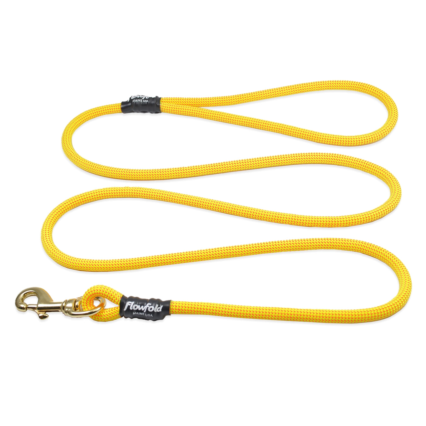 Flowfold Recycled Climbing Rope Dog Leash in Yellow made in the USA on a neutral background.